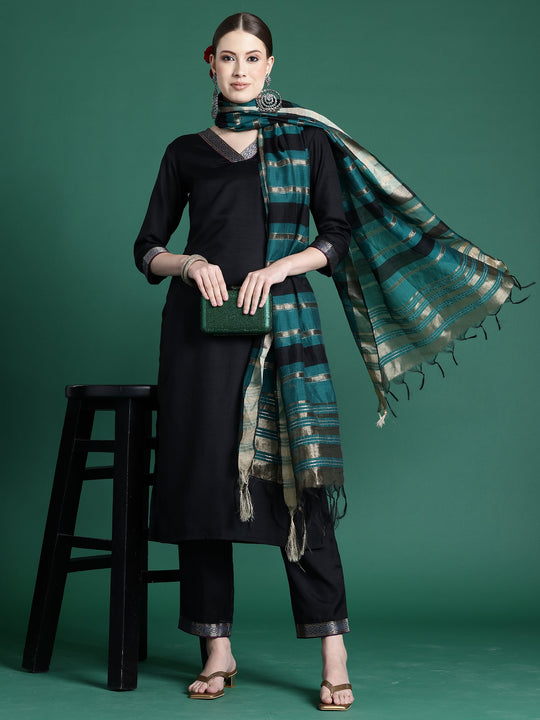 Indo Era Black Self Design Straight Kurta Trousers With Dupatta set