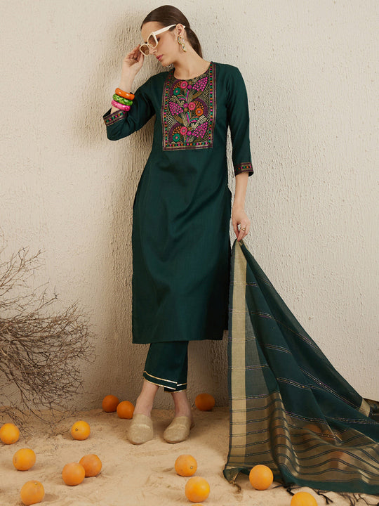 Indo Era Green Yoke Design Straight Kurta Trousers With Dupatta set