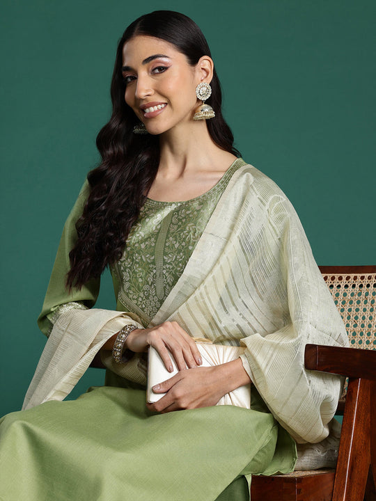 Indo Era Green Yoke Design  Straight Kurta Trousers With Dupatta set