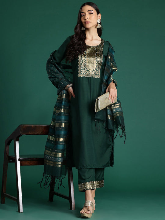 Indo Era Green Yoke Design  Straight Kurta Trousers With Dupatta set