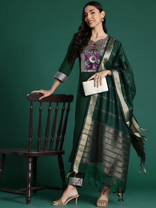 Indo Era Green Yoke Design  Straight Kurta Trousers With Dupatta set