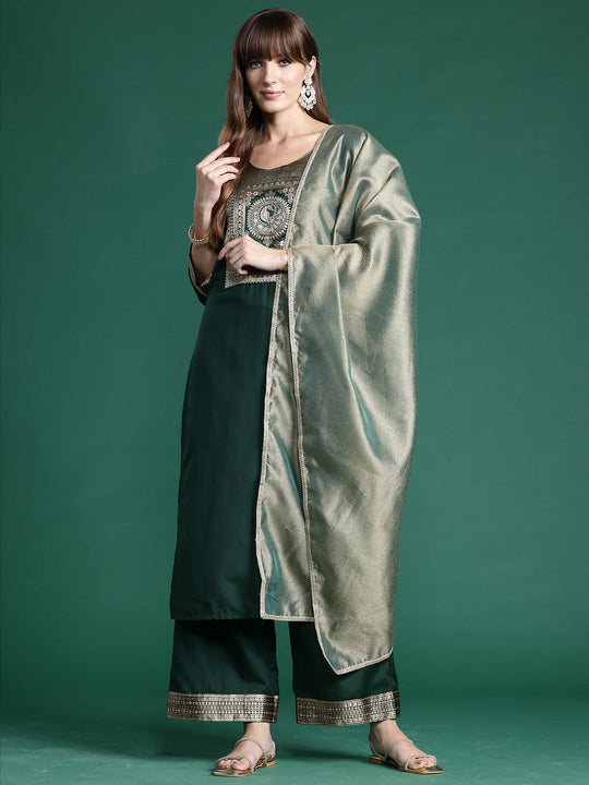 Indo Era Green Yoke Design  Straight Kurta Palazzos With Dupatta set