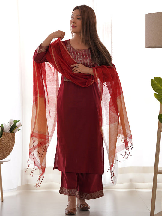 Indo Era Solid Maroon Straight Kurta Palazzo With Dupatta Set