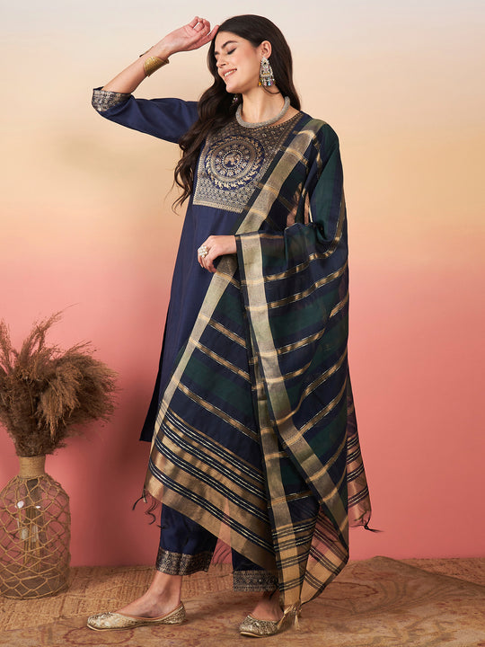 Indo Era Solid Navy Blue Straight Kurta Palazzo With Dupatta Set
