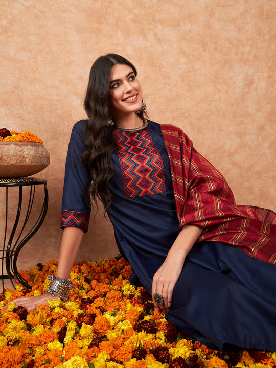 Indo Era Navy Blue Yoke Design Straight Kurta Palazzos With Dupatta Set