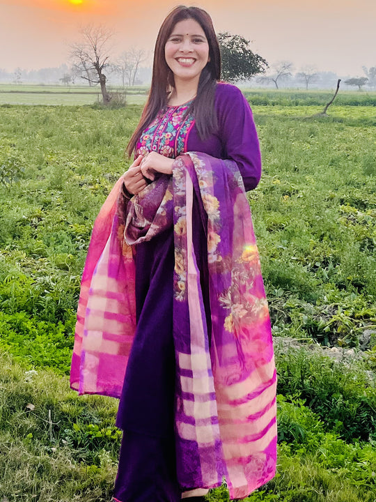 Indo Era Purple Yoke Design Straight Kurta Palazzos With Dupatta Set
