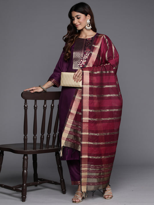 Indo Era Purple Yoke Design Straight Kurta Trousers With Dupatta Set