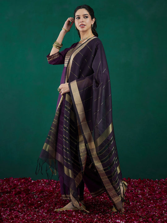 Indo Era Purple Woven Design Straight Kurta Palazzos With Dupatta set