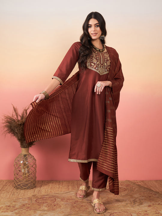 Indo Era Orange Embroidered Straight Kurta Trousers With Dupatta Set