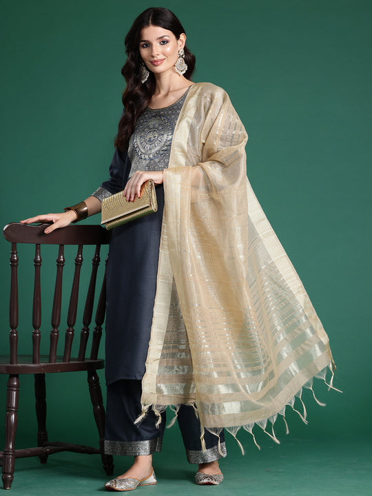 Indo Era Grey Yoke Design Straight Kurta Trousers With Dupatta set