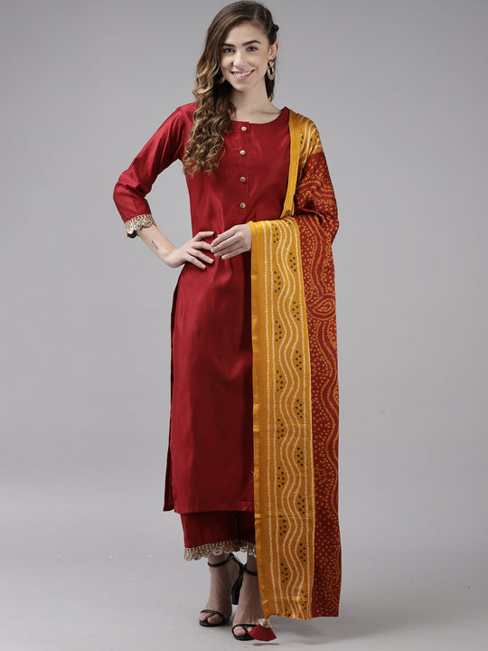 Indo Era Red Embroidered Straight Kurta Palazzo With Dupatta Set