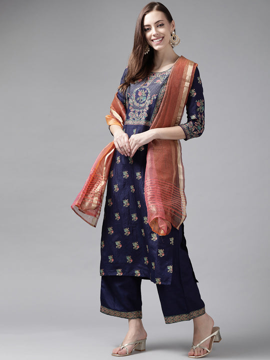 Indo Era Navy Blue Foil Printed Straight Kurta Palazzo With Dupatta Set