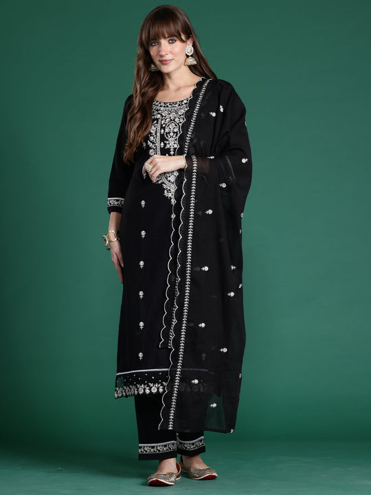 Black Embroidered Straight Kurta Trousers With Dupatta