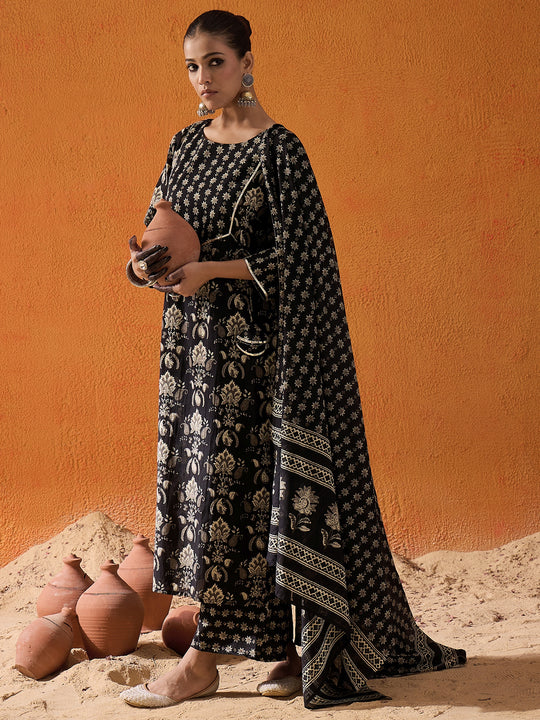Indo Era Black Printed Straight Kurta Palazzos With Dupatta set
