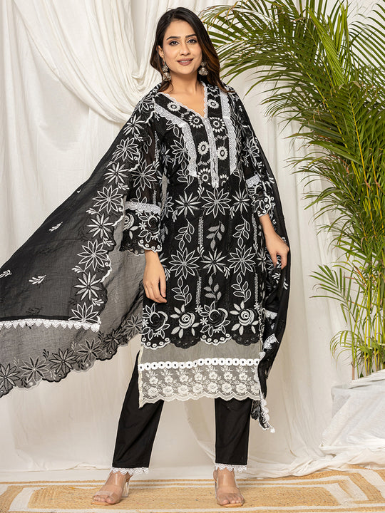 Indo Era Black Embroidered Straight Kurta Trousers With Dupatta set