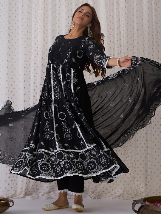 Black Embroidered Anarkali Kurta Trousers With Dupatta