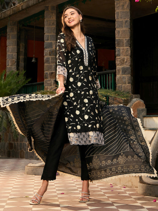 Black Embroidered Straight Kurta Trousers With Dupatta