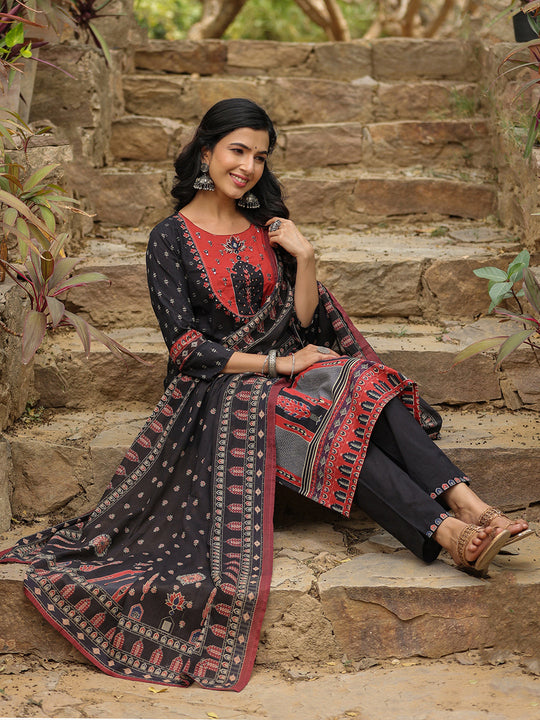 Indo Era Black Printed Straight Kurta Trousers With Dupatta set