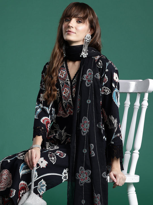Indo Era Black Printed Straight Kurta Trousers With Dupatta Set