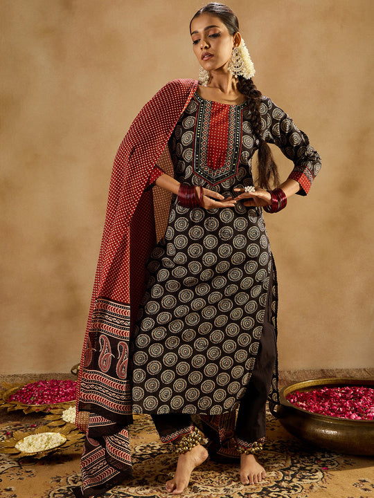 Indo Era Black Printed Straight Kurta Trousers With Dupatta set