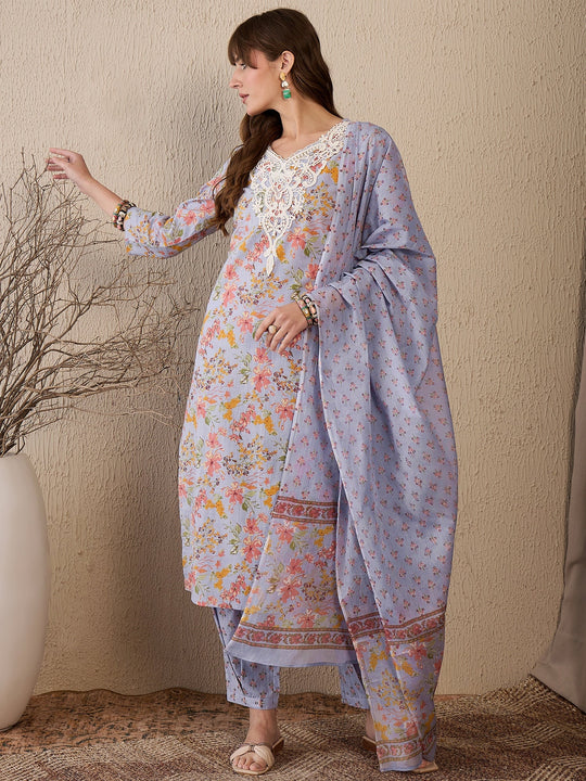 Indo Era Blue Printed Straight Kurta Salwar With Dupatta Set