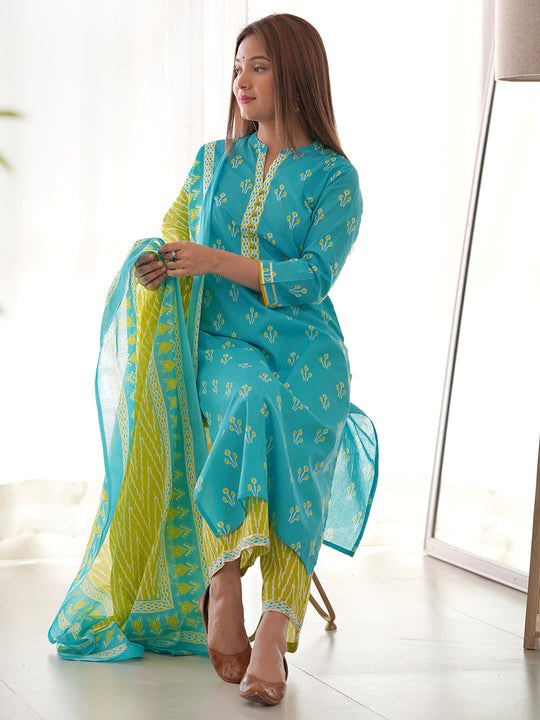 Indo Era Blue Ethnic Motifs Printed Regular Pure Cotton Kurta with Palazzos & Dupatta