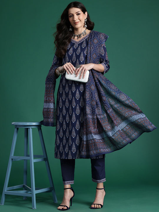 Indo Era Blue Printed Straight Kurta Trousers With Dupatta set