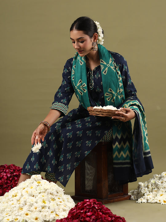 Indo Era Blue Printed Straight Kurta Trousers With Dupatta set