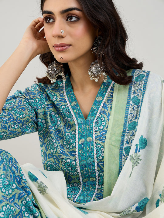 Indo Era Blue Printed Straight Kurta Trousers With Dupatta set