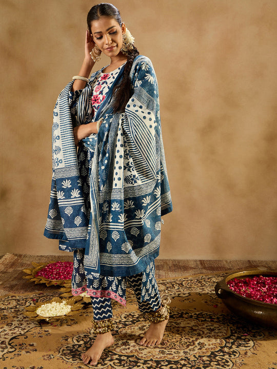 Indo Era Blue Printed Straight Kurta Trousers With Dupatta set