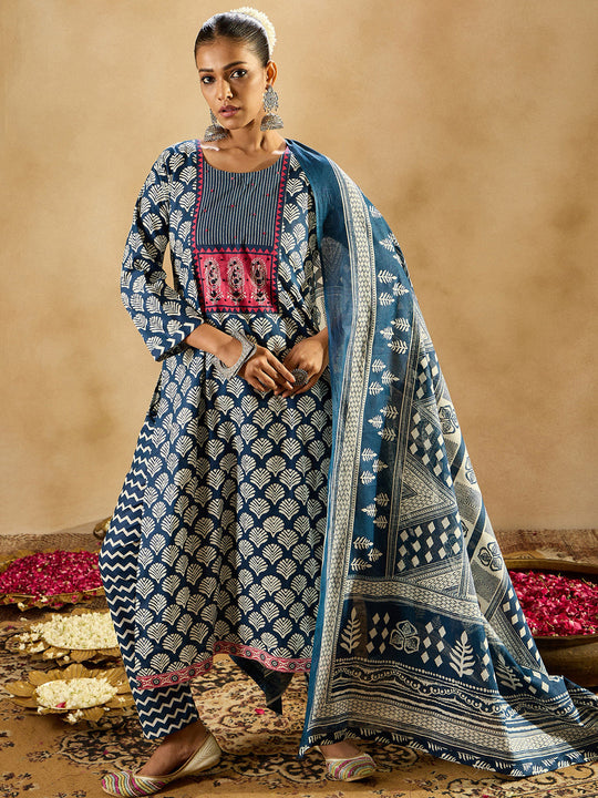 Indo Era Blue Printed Straight Kurta Trousers With Dupatta set