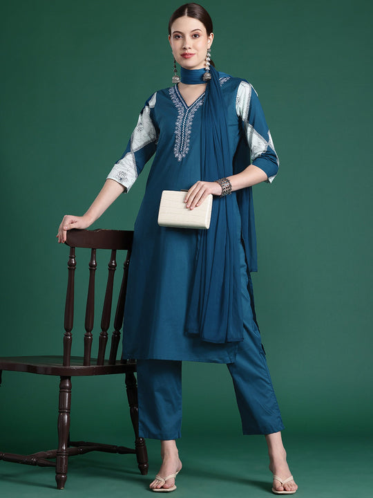 Indo Era Blue Embroidered Straight Kurta Trousers With Dupatta set