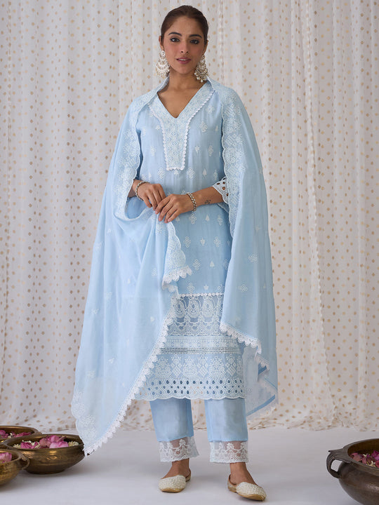 Indo Era Blue Embroidered Straight Kurta Trousers With Dupatta set