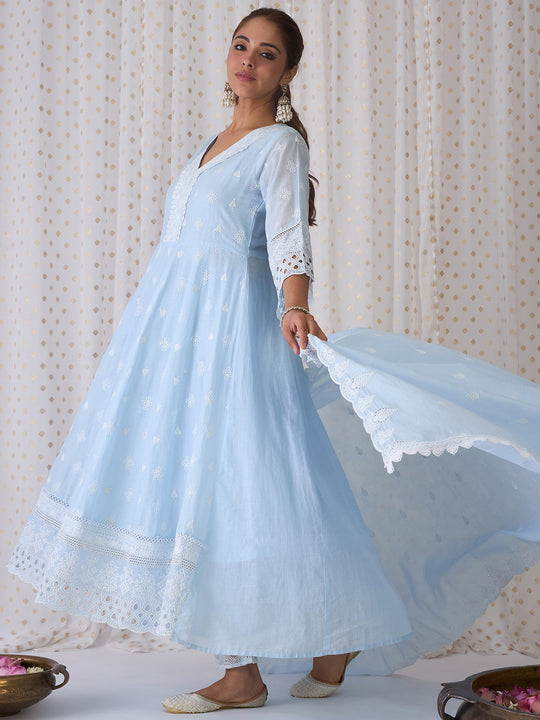 Indo Era Blue Embroidered Anarkali Kurta Trousers With Dupatta set