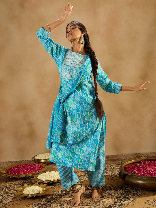 Indo Era Blue Printed Straight Kurta Trousers With Dupatta set