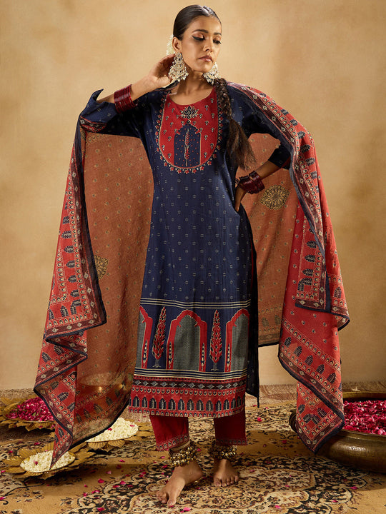 Indo Era Blue Printed Straight Kurta Trousers With Dupatta set