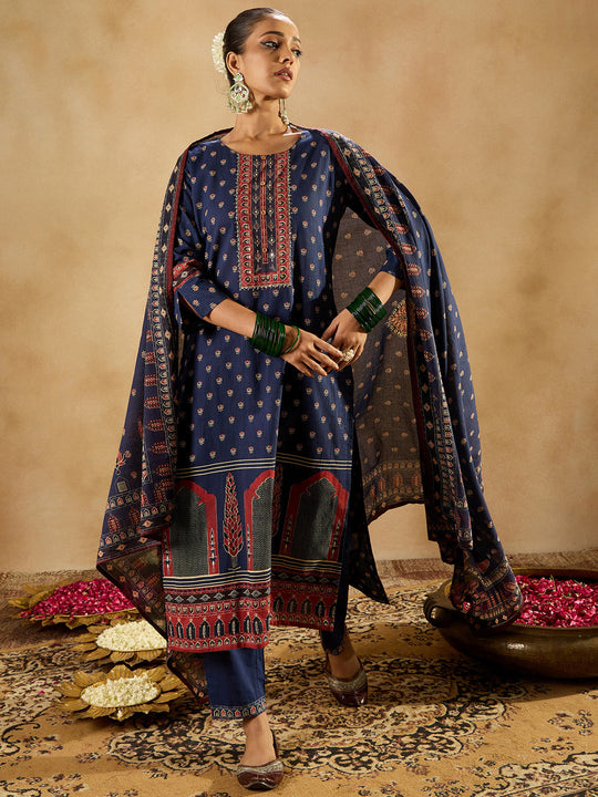 Indo Era Blue Printed Straight Kurta Trousers With Dupatta set