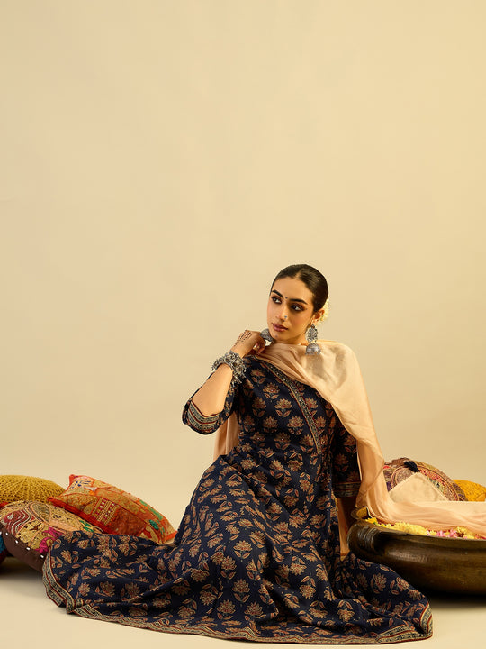 Indo Era Blue Printed A-Line Kurta Trousers With Dupatta set