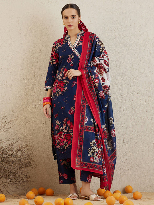 Blue Printed Straight Kurta Trousers With Dupatta
