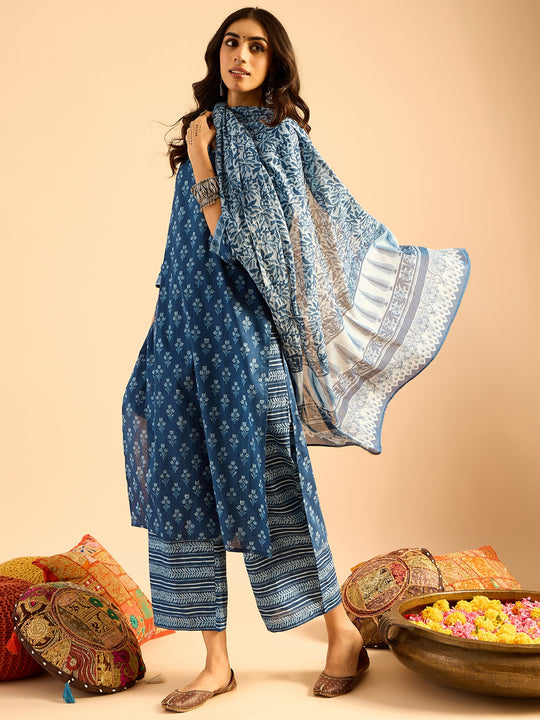 Blue Printed Straight Pure Cotton Kurta Set With Dupatta