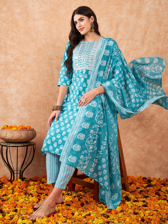 Blue Printed Straight Kurta Trousers With Dupatta