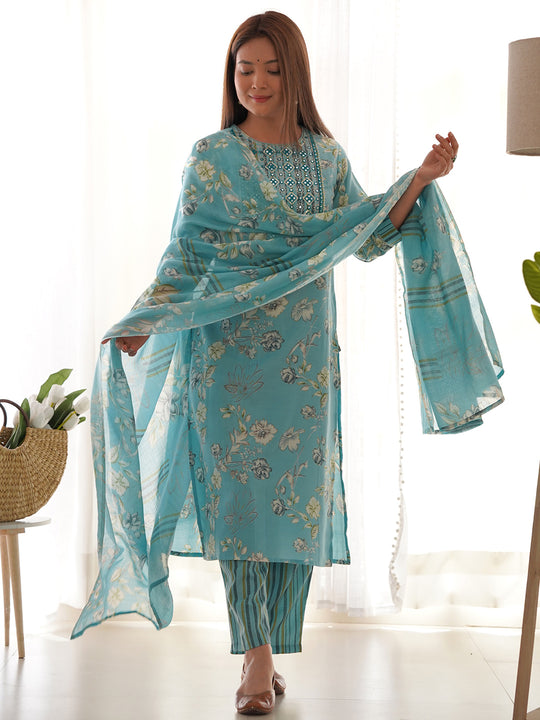 Indo Era Blue Embroidered Straight Kurta Trousers With Dupatta Set