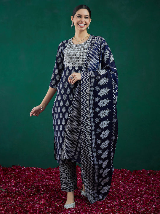 Indo Era Blue Printed Straight Kurta Trousers With Dupatta Set