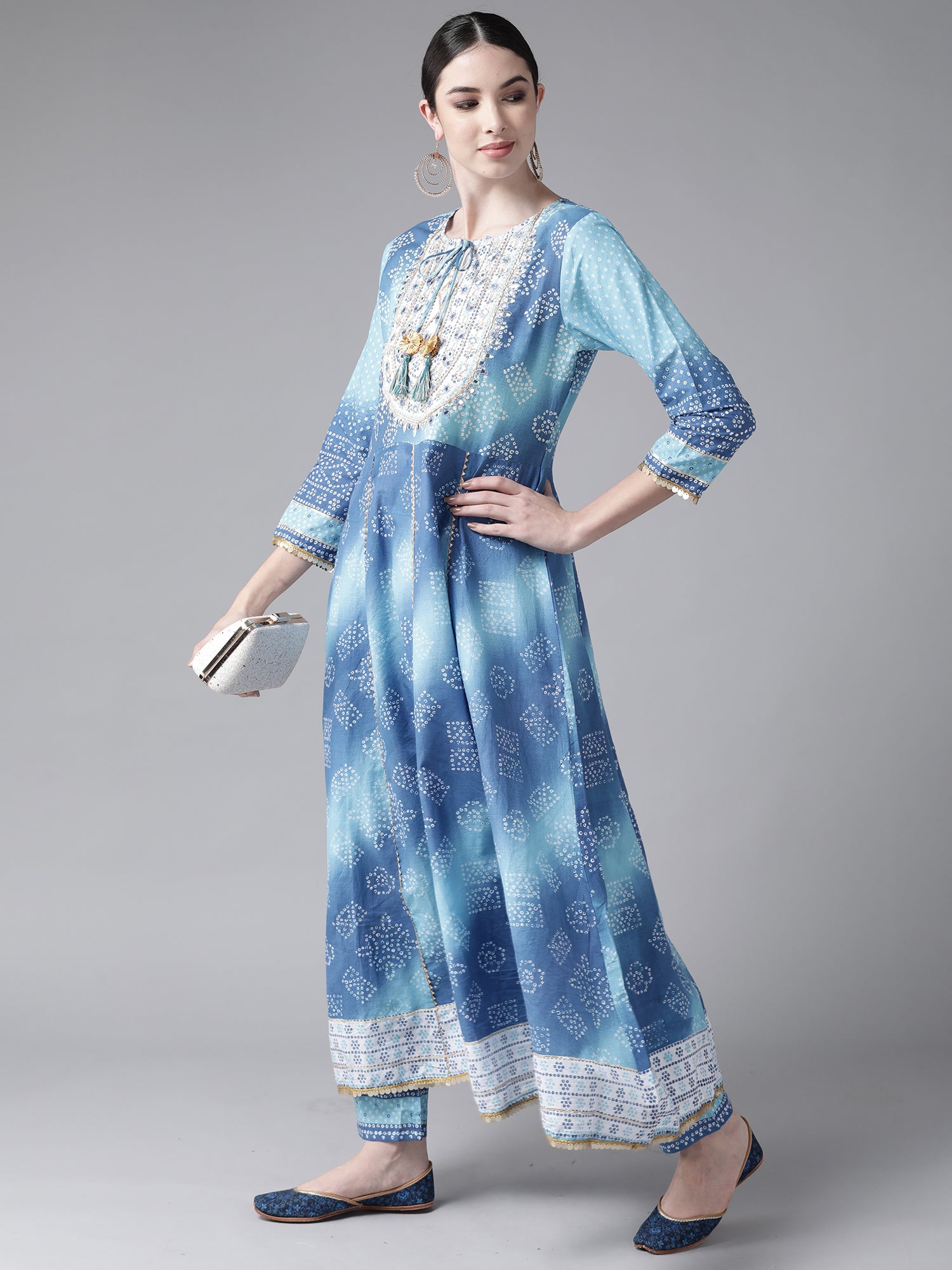Indo Era Blue Embroidered A-line Kurta with Trouser