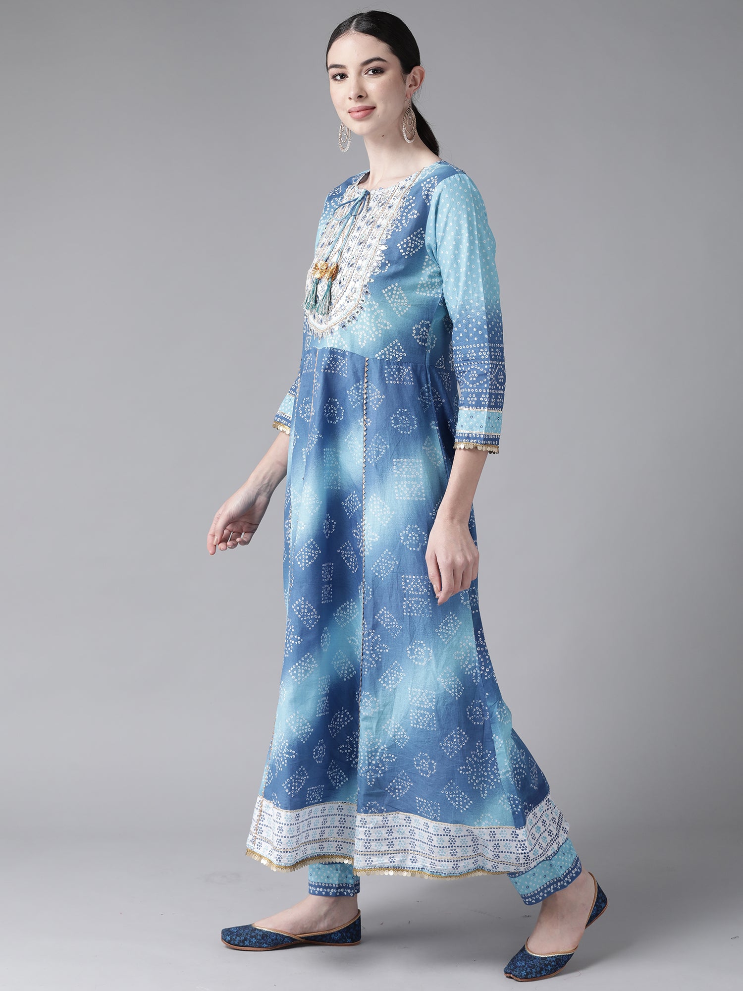 Indo Era Blue Embroidered A-line Kurta with Trouser