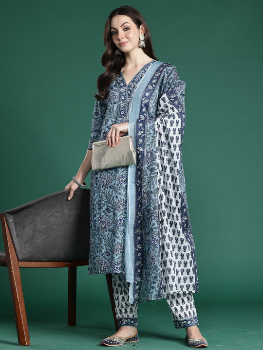 Indo Era Blue Printed A-Line Kurta Trousers With Dupatta