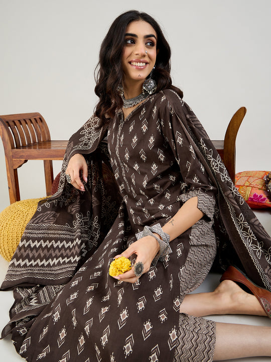 Indo Era Brown Printed Straight Kurta Trousers With Dupatta set