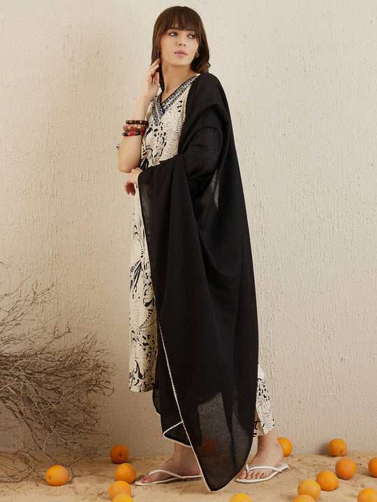 Cream Printed Straight Kurta Trousers With Dupatta