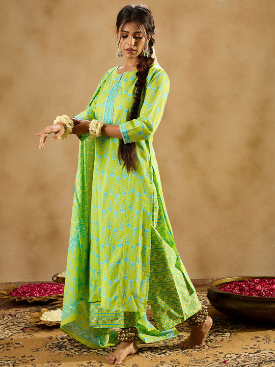 Indo Era Green Printed Straight Kurta Palazzos With Dupatta set