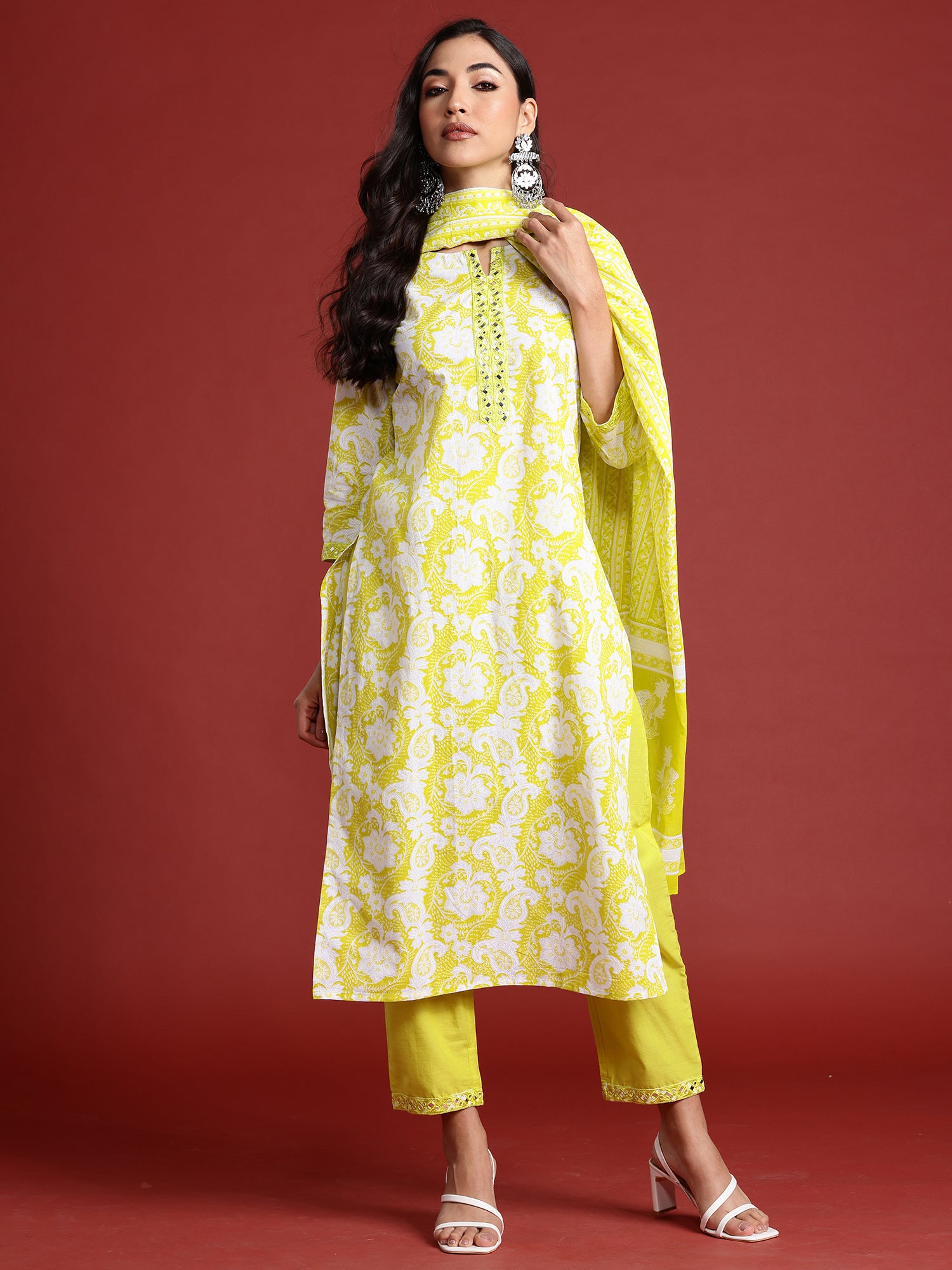 Indo Era Green Printed Straight Kurta Trousers With Dupatta set